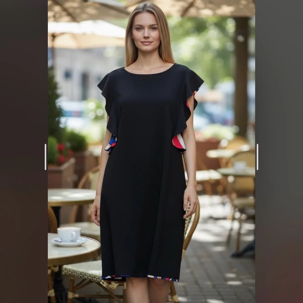 Nicole Miller New York Black Peek-a-boo Flamenco-Style Sleeve Shift Dress Sz 10 - Picture 9 of 9